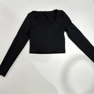 OQQ Womens Black Scoop Neck Long Sleeve Cropped Knit Top Sz S Nylon/Spandex